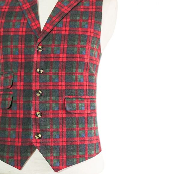 Mens 46R Wool Vest Red Green Blue Tartan Plaid Waistcoat Wedding Party Formal - Picture 5 of 8
